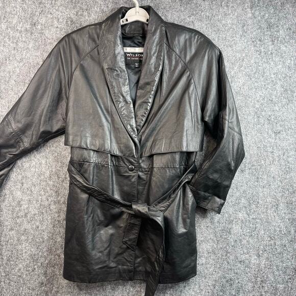Vintage Wilsons Leather Mens Black Thinsulate 100% Leather Trench Coat Medium